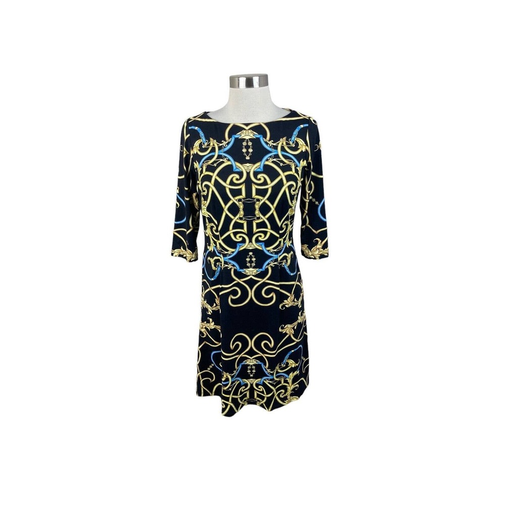 J. McLaughlin Black Gold Equestrian Print Catalina Cloth 3/4 Sleeve Sheath XS
